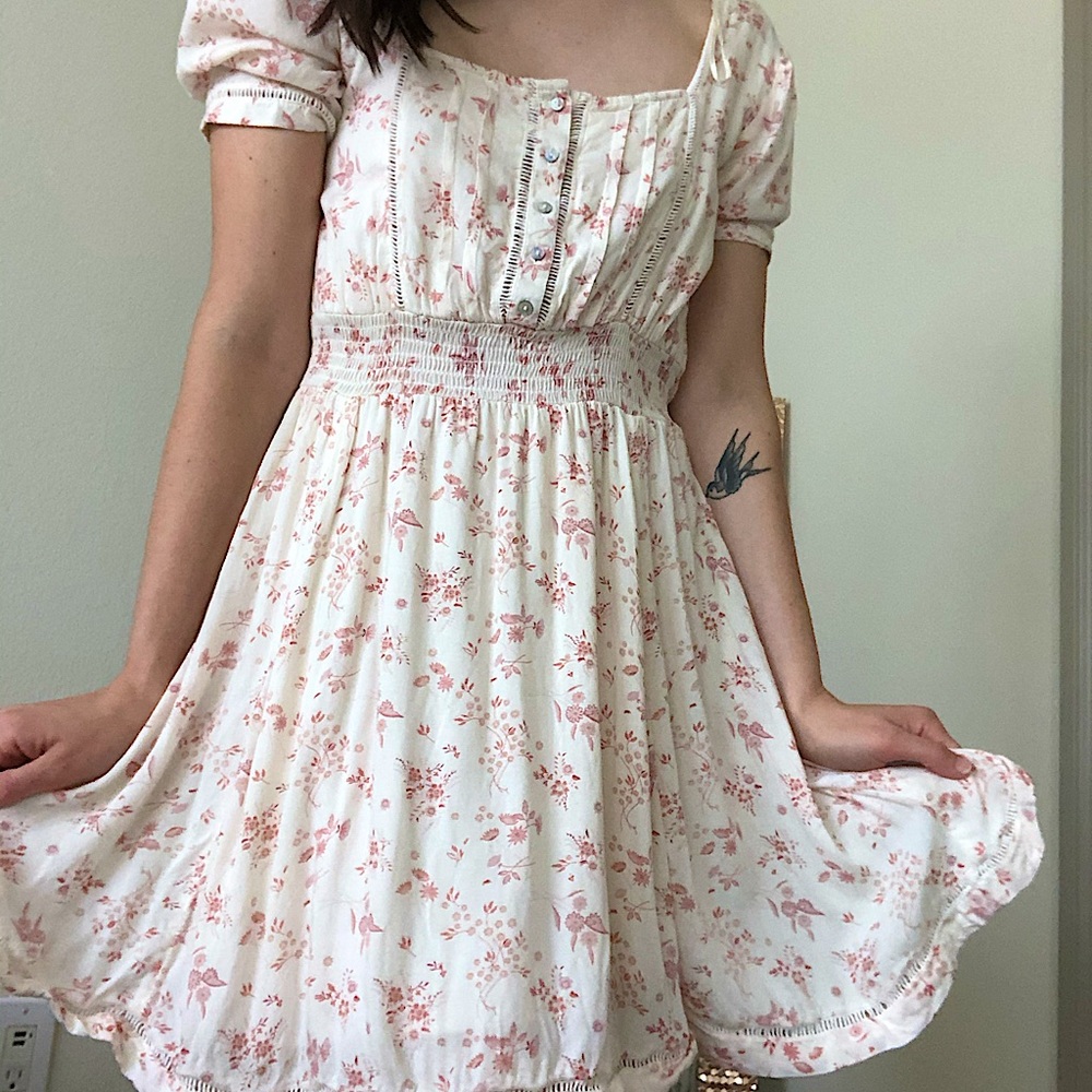Free people white and pink floral mini dress, square neckline